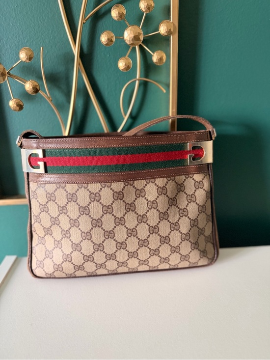 Gucci Handbags - Gucci Beige Brown GG Canvas Crossbody with Green-Red Sherryline